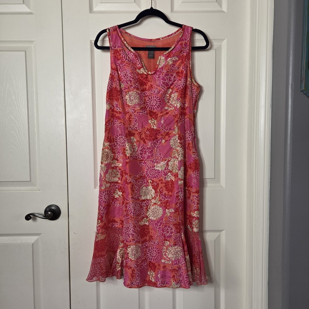 Pink 100% Silk Fluted Midi Dress Sigrid Olsen Floral Y2K Shift Bohemian Size 6